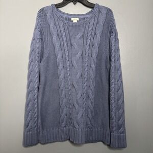 L.L. Bean Women Cable Knit Chunky Fisherman Sweater Size L Cotton Crewneck Blue